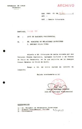 Carta solicita opinión por designación de cónsul en Quito