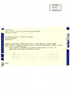 Telegrama del obispo de Armenia felicitando al presidente electo Patricio Aylwin.