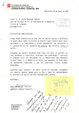 [Carta de Secretario General Ejecutivo Comissió América I Catalunya agradeciendo recibimiento en Chile]