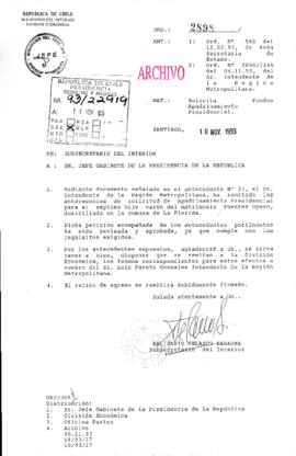 [Oficio del Subsecretario del Interior dirigido al Gabinete Presidencial, mediante el cual informa solicitud de apadrinamiento presidencial]