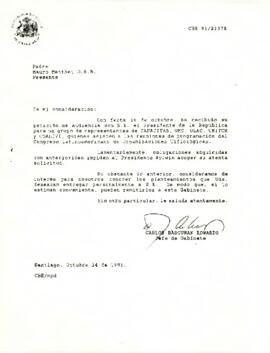 Carta de Carlos Bascuñán Edwards, Jefe de Gabinete Presidencial, a Mauro Matthei O.S.B., Presidente de Fundación Capacitas, sobre solicitud de audiencia con el Presidente de la República