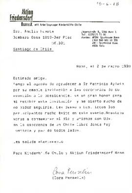 Carta desde Aktion Friedensdorf, Bonn e.V mit Arbeitsgruppe Kinderhilfe Chile, de la sra. Cora Penselin, dirigida a la sra. Amelia Huerta