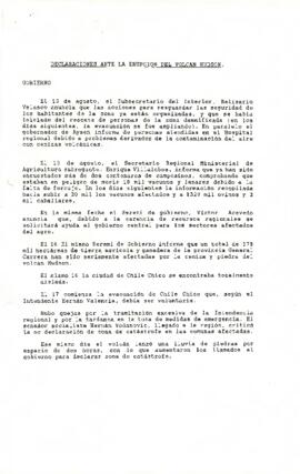 Declaraciones ante la erupción del Volcán Hudson [Ministro del Interior, sr. Belisario Velasco y otros personeros de la administración]