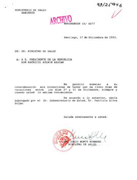 [Memorandum 1A/4077 de Ministro de Salud, informa vacaciones]