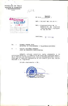 [Carta del Ministro de Transportes y Telecomunicaciones dirigida al Jefe de Gabinete Presidencial...