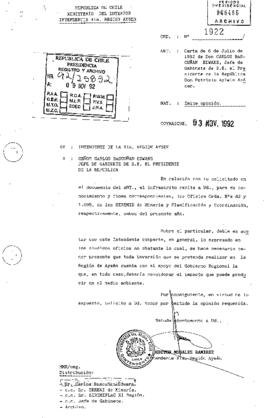 Oficio del Sr. Héctor Morales Ramírez, Intendente de la XI Región de Aysén, dirigido al Sr. Carlos Bascuñán Edwards, Jefe de Gabinete de S.E. el Presidente de la República, mediante el cual emite opinión sobre proyecto químico-minero en la zona de Capilla del Mármol