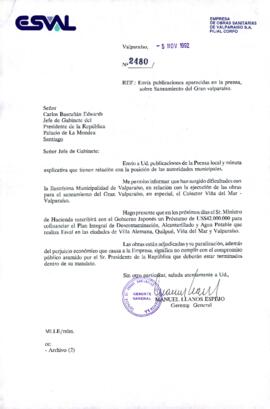 [Carta del Gerente General de ESVAL dirigida al Jefe de Gabinete Presidencial, referente a saneamiento de Valparaíso]