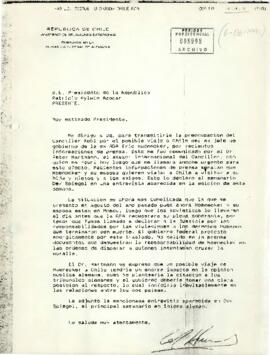 Carta desde la Embajada de Chile en la República Federal de Alemania, de su embajador, sr. Carlos Huneeus, dirigida a S.E. Presidente de la Republica Patricio Aylwin Azócar