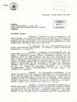 [Carta del Presidente Patricio Aylwin Azócar a Organización Sindical Ferroviaria]