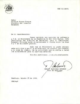 Carta de Carlos Bascuñán Edwards, Jefe de Gabinete Presidencial, a Enrique Krauss Rusque, Ministro del Interior, sobre solicitud de audiencia para Bramwell Tillsley