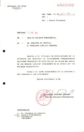 Remite y Adjunta carta de la Directiva del sindicato de  trabajadores independientes agrícolas  "Monterrey" de MontePatria