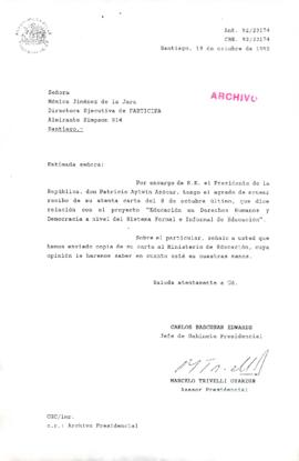 [Carta del Gabinete Presidencial mediante la cual da respuesta a la Director Ejecutiva de PARTICIPA referente al proyecto "Educación en Derechos Humanos y Democracia a nivel del Sistema Formal e Informal de Educación"]