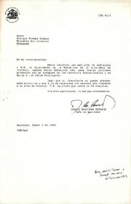 Carta de Carlos Bascuñán Edwards, Jefe de Gabinete Presidencial, a Enrique Krauss Rusque, Ministro del Interior, sobre solicitud de audiencia de María Antonieta Saa, alcaldesa de Conchalí
