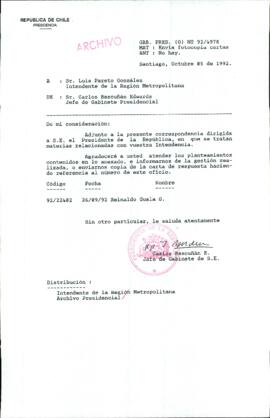[Carta del Jefe de Gabinete de la Presidencia a Intendente de la Región Metropolitana]
