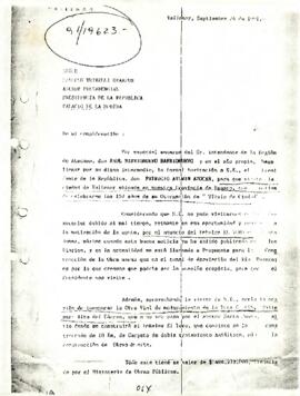 Carta de Carlos López Cortés, Gobernador de Huasco, a Marcelo Trivelli Oyarzún, Asesor Presidencial, sobre invitación al Presidente de la República a visitar Vallenar con motivo del aniversario del título de ciudad e inauguración de obras viales.