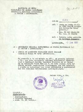 Carta desde la Secretaría Regional Ministerial de Bienes Nacionales de la II Región de Antofagasta, de parte de su secretario (S), sr. Luis López López, dirigida al Comité de Allegados Población Oscar Bonilla, Antofagasta