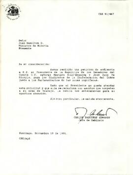 Carta de Carlos Bascuñán Edwards, Jefe de Gabinete Presidencial, a Juan Hamilton D., Ministro de Minería, sobre solicitud de audiencia de dirigentes de la Confederación del Cobre