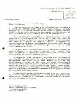 [Carta del Secretario General de la OEA dirigida al Presidente Patricio Aylwin, mediante la cual informa sobre el acuerdo de la Asamblea General referente a América Central]