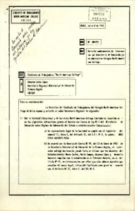 Carta del Sindicato de Trabajadores del Colegio North American College, de Arica, dirigida al Secretario Regional Ministerial de Educación