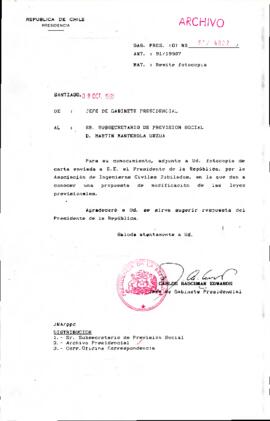 [Oficio del Jefe de Gabinete Presidencial dirigido al Subsecretario de Previsión Social, Sr. Martín Manterola]