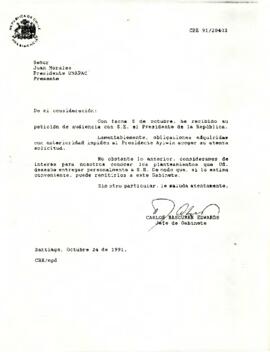 Carta de Carlos Bascuñán Edwards, Jefe de Gabinete Presidencial, a Juan Morales, Presidente de UNAPAC, sobre solicitud de audiencia con el Presidente de la República