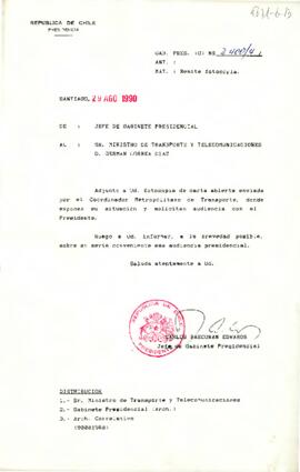 [Se remite carta de Coordinador Metropolitano de Transporte a Ministro de Transporte y Telecomunicaciones]