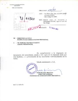 [Oficio del Director Nacional del Instituto de Normalización Previsional dirigido al Asesor Presidencial, mediante el cual informa respuesta a solicitud de funcionarios de la Agencia Local San Felipe del INP]