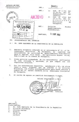 [Oficio del Subsecretario del Interior dirigido al Jefe de Gabinete Presidencial, mediante el cual informa una solicitud de apadrinamiento presidencial]