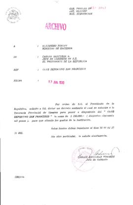 [Oficio  Gab. Pres. Ord. N° 3047 de  Jefe de Gabinete Presidencial, subvención]