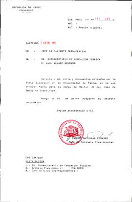 [Se remite carta de la Junta Directiva de la Universidad de Talca a Subsecretario de Educación]
