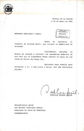 [Carta del Presidente Aylwin al Embajador de Chile en Venezuela, agradeciendo cassette de Soledad Bravo].