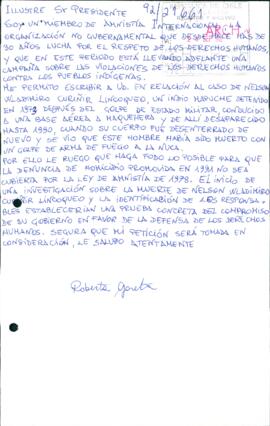 [Carta dirigida al Presidente Patricio Aylwin, referente al caso de Nelson Curiñir Linconqueo]