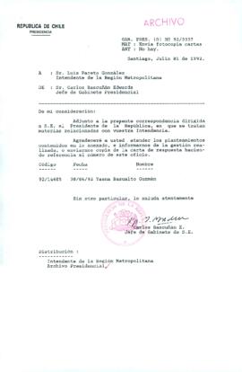 [Carta del Jefe de Gabinete de la Presidencia a Intendente de la Región Metropolitana]