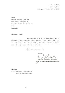 Carta remitida al Banco del Estado para su estudio y análisis.