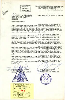 Carta de organizaciones de jubilados de Chile a Patricio Aylwin Azócar, con relación a agradecimiento por postergación del financiamiento de partidos políticos