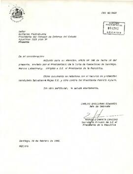[Carta dirigida a Guillermo Piedrabuena remitiendo oficio Nº 148 sobre recurso de protección]
