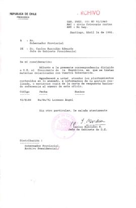 [Carta del Jefe de Gabinete de la Presidencia a Gobernador Provincial]