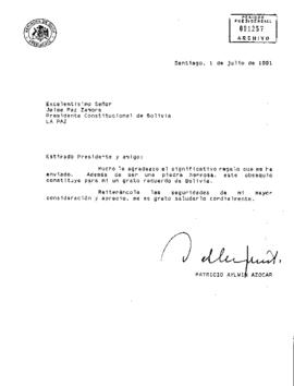 [Carta del Presidente Aylwin al Presidente de Bolivia, agradeciendo por obsequio enviado].