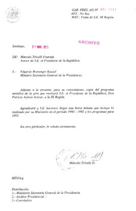 [Oficio Gab. Pres. Ord. N° 1557 de Jefe de Gabinete Presidencial, visita de S. E. III Región]