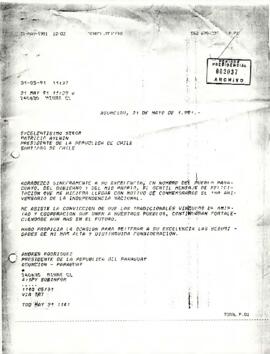 Carta de Andrés Rodríguez, Presidente de la República del Paraguay, a Patricio Aylwin Azócar, en la cual manifiesta su agradecimiento por saludo con motivo de aniversario de la independencia