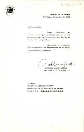 [Carta de  Presidente Aylwin dirigida a Gobernador Provincia de Palena en respuesta por saludo de cumpleaños]