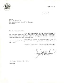 [Carta: suspensión de audiencia de S . E.  con gobernador provincial de Iquique]