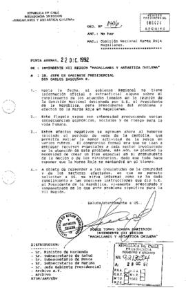 Carta enviada por el Intendente de la XII Región de Magallanes y Antártica Chilena al Jefe de Gabinete Presidencial, en la que se solicita información sobre el cumplimiento de los acuerdos adoptados por la Comisión Nacional Marea Roja