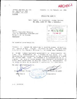OFICIO Nº 016-92 de la Unidad Vecinal Nº 108 de Concón, de su Presidente sr. Carlos Quezada Delgado, dirigido al sr. Carlos Bascuñán Edwards, Jefe Gabinete Presidencial