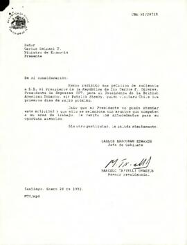 Carta de Carlos Bascuñán Edwards, Jefe de Gabinete Presidencial, a Carlos Ominami P., Ministro de Economía, sobre solicitud de audiencia para Sir Patrick Sheehy