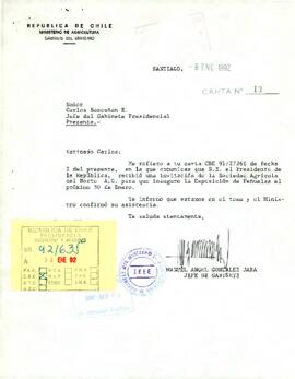 Carta [Nº 13] de Manuel Ángel González Jara, Jefe de Gabinete del Ministerio de Agricultura, a Carlos Bascuñán Edwards, Jefe de Gabinete Presidencial, sobre invitación a inauguración de la Exposición de Peñuelas FINOR 92