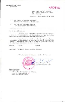 [Oficio del Jefe de Gabinete Presidencial dirigido al Gobernador Provincial de Petorca]