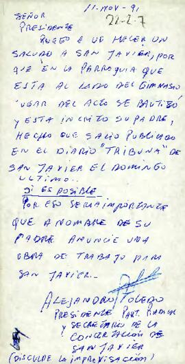 Carta del Presidente del Partido Radical y Secretario de la Concertación de San Javier, sr. Alejandro Toledo, dirigida al sr. Presidente [Patricio Aylwin Azócar]