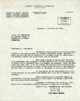 Carta desde Pumpin, Alliende & Compañía, Abogados, del sr. Guillermo Pumpin Belloni, dirigida al Excmo, Sr. Presidente D. Patricio Aylwin A.
