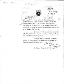 [Saludo de Comité Olímpico de Chile al cumplirse un año de mandato del Presidente Aylwin]